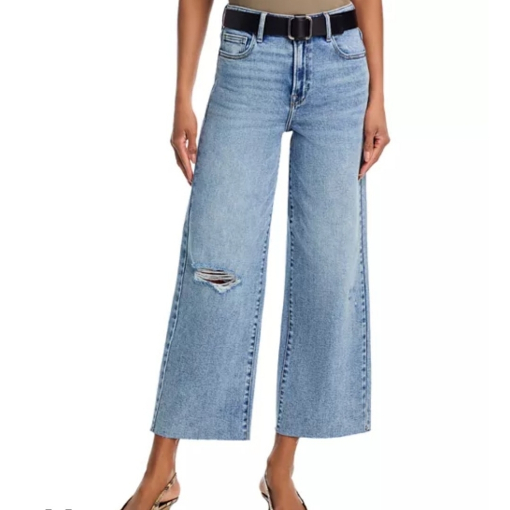 NEW Aqua High Rise Wide Leg Distressed Cropped Raw Hem Medium Wash Jeans